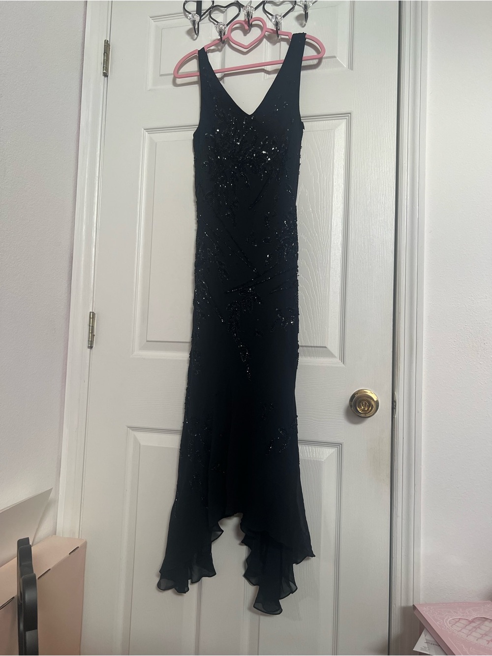Cache Black Silk Beaded V-Neck High-Low Maxi Dress